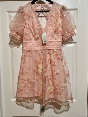 NEW Lipsy Pink Floral Mesh Sequinned Embroidered Skater Dress Size 8
